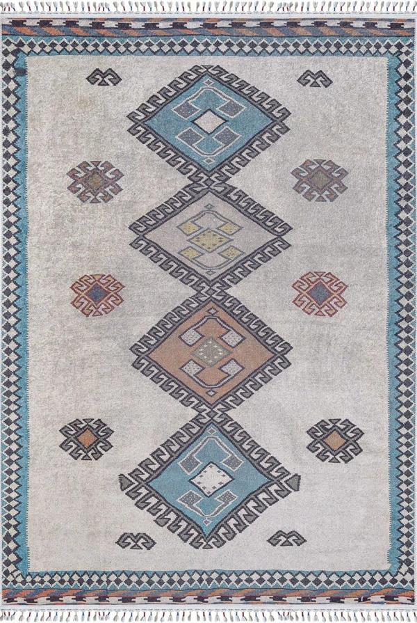 Kostrzyn Gri Göbekli Etnik Modern Desenli Makinada Yıkanabilir Hav Toz Vermez Leke Tutmayan Kaymaz Taban Dijital Makine Baskı Salon Yolluk Mutfak Halı - Image 1