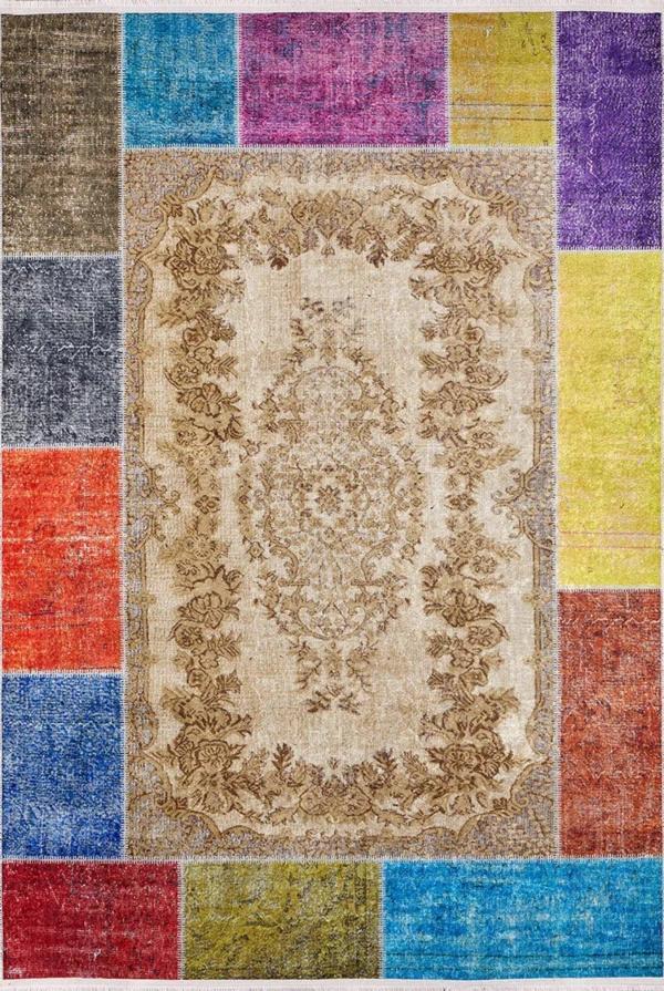 Palencia Bej Patchwork Etnik Modern Desenli Pamuk Makinada Yıkanabilir Hav Toz Vermez Leke Tutmayan Kaymaz Taban Dijital Makine Baskı Salon Yolluk Mutfak Halı - Image 1