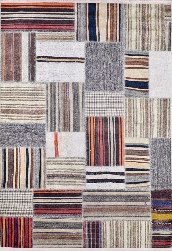 Leninsk-Kuznetski Bej Patchwork Etnik Modern Desenli Pamuk Makinada Yıkanabilir Hav Toz Vermez Leke Tutmayan Kaymaz Taban Dijital Makine Baskı Salon Yolluk Mutfak Halı - Image 1