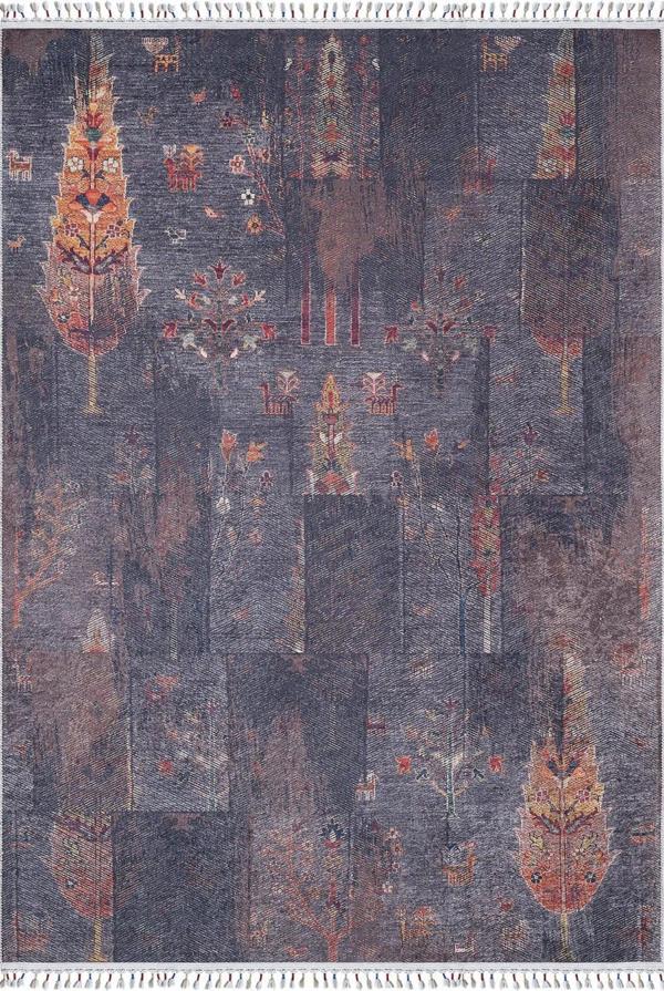 Miastko Lacivert Göbekli Etnik Modern Desenli Makinada Yıkanabilir Hav Toz Vermez Leke Tutmayan Kaymaz Taban Dijital Makine Baskı Salon Yolluk Mutfak Halı - Image 1