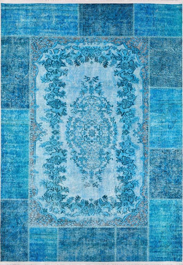 Artyom Mavi Patchwork Etnik Modern Desenli Pamuk Makinada Yıkanabilir Hav Toz Vermez Leke Tutmayan Kaymaz Taban Dijital Makine Baskı Salon Yolluk Mutfak Halı - Image 1