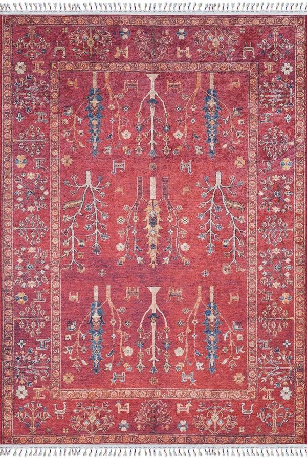 Miloslaw Kırmızı Modern Etnik Desenli Makinada Yıkanabilir Hav Toz Vermez Leke Tutmayan Kaymaz Taban Dijital Makine Baskı Salon Yolluk Mutfak Halı - Image 1