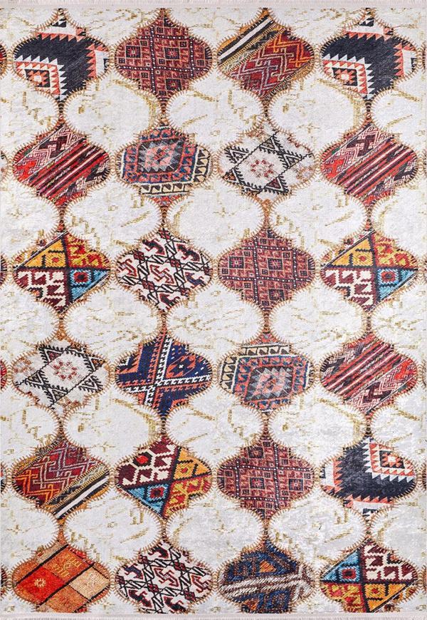 Montreal Bej Patchwork Etnik Modern Desenli Makinada Yıkanabilir Hav Toz Vermez Leke Tutmayan Kaymaz Taban Dijital Makine Baskı Salon Yolluk Mutfak Halı - Image 1