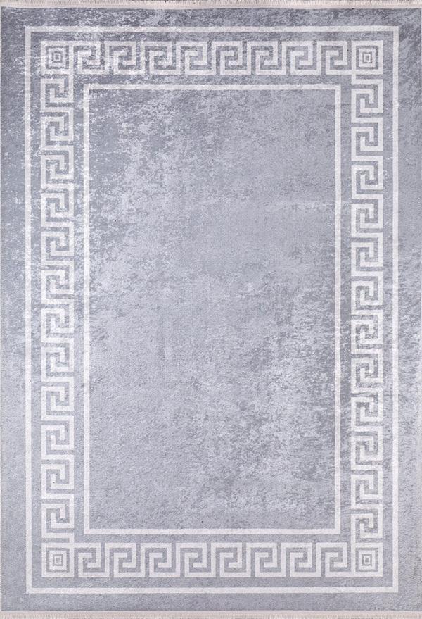 Dimitrovgrad Gri Çerçeveli Etnik Modern Desenli Makinada Yıkanabilir Hav Toz Vermez Leke Tutmayan Kaymaz Taban Dijital Makine Baskı Salon Yolluk Mutfak Halı - Image 1