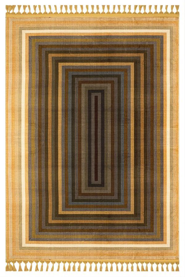 Pratyaksh Kahverengi Çerçeveli Etnik Modern Desenli Bambu Makinada Yıkanabilir Hav Toz Vermez Leke Tutmayan Kaymaz Taban Dijital Makine Baskı Salon Yolluk Mutfak Halı - Image 1