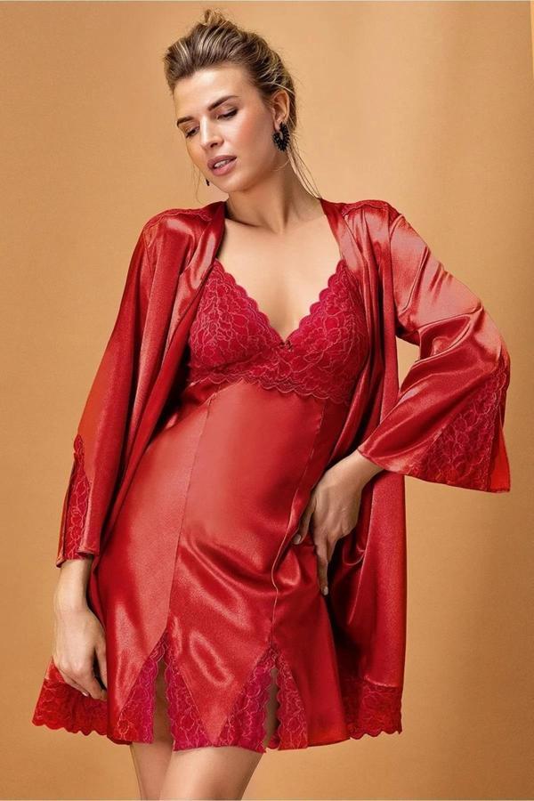Nurteks Kadın Bordo Dantel Detaylı Saten Gecelik Sabahlık 2 Li Kimono Takım 5325 - Image 1