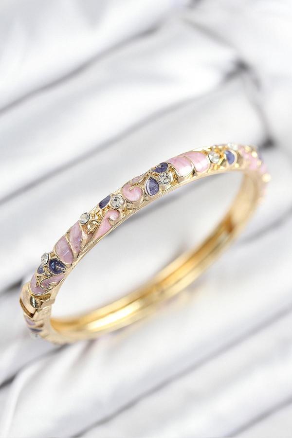 Mineli Pirinç Zirkon Taşlı Fuşya Mor Çiçek Motifli Gold Kadın Kelepçe 7815 - Image 1