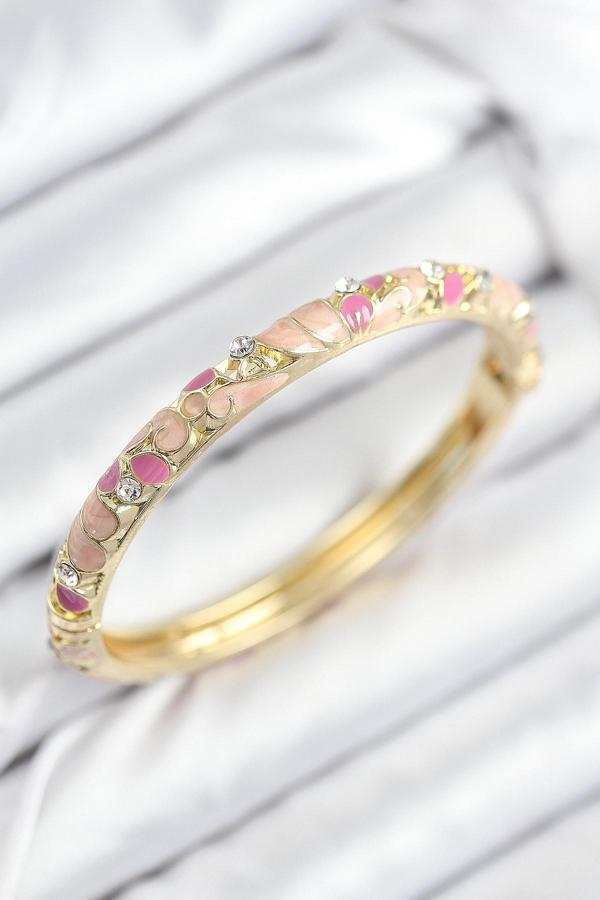 Mineli Pirinç Zirkon Taşlı Pembe Çiçek Motifli Gold Kadın Kelepçe 7817 - Image 1