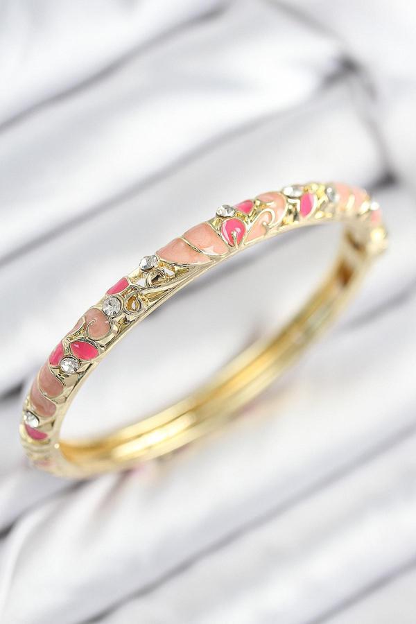 Mineli Pirinç Zirkon Taşlı Pembe Çiçek Motifli Gold Kadın Kelepçe 7818 - Image 1