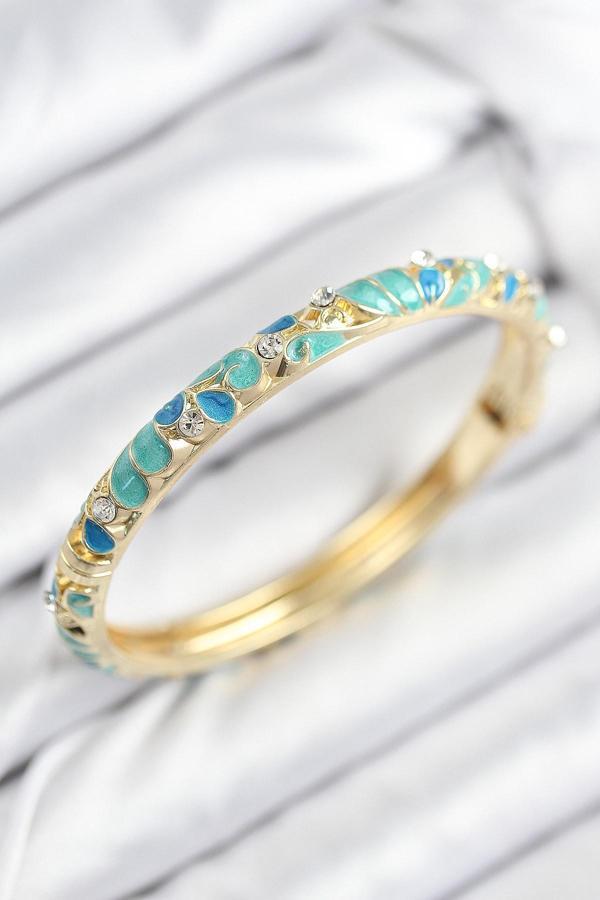 Mineli Pirinç Zirkon Taşlı Turkuaz Mavi Çiçek Motifli Gold Kadın Kelepçe 7816 - Image 1
