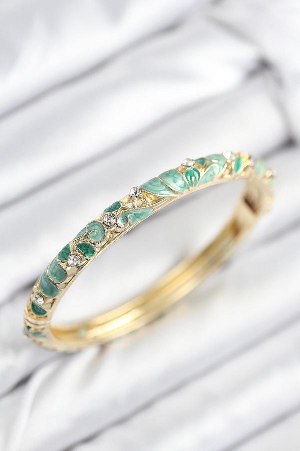 Mineli Pirinç Zirkon Taşlı Zümrüt Yeşili Çiçek Motifli Gold Kadın Kelepçe 7819 - Image 1