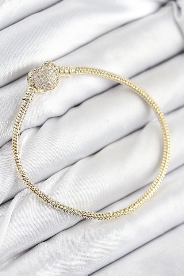 Pirinç Charm Zirkon Taşlı Kalp Model Gold Renk Kadın Bileklik 7809 - Image 1