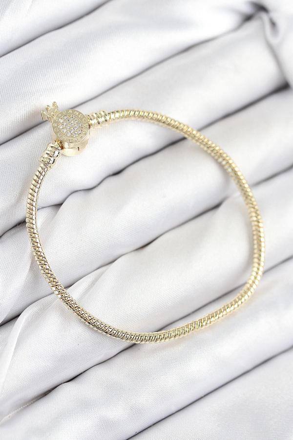 Pirinç Charm Zirkon Taşlı Taç Model Gold Renk Kadın Bileklik 7808 - Image 1
