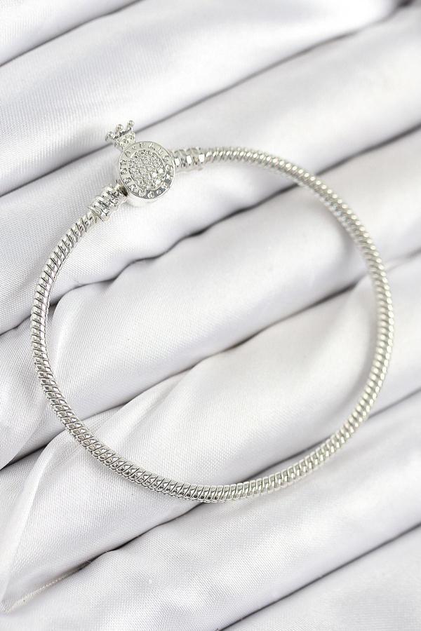 Pirinç Charm Zirkon Taşlı Taç Model Gümüş Renk Kadın Bileklik 7802 - Image 1