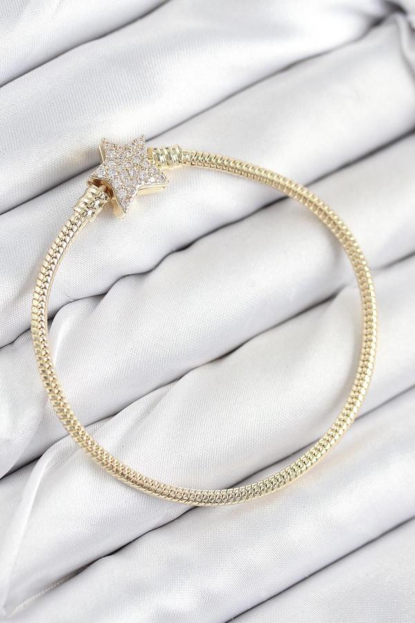 Pirinç Charm Zirkon Taşlı Yıldız Model Gold Renk Kadın Bileklik 7810 - Image 1