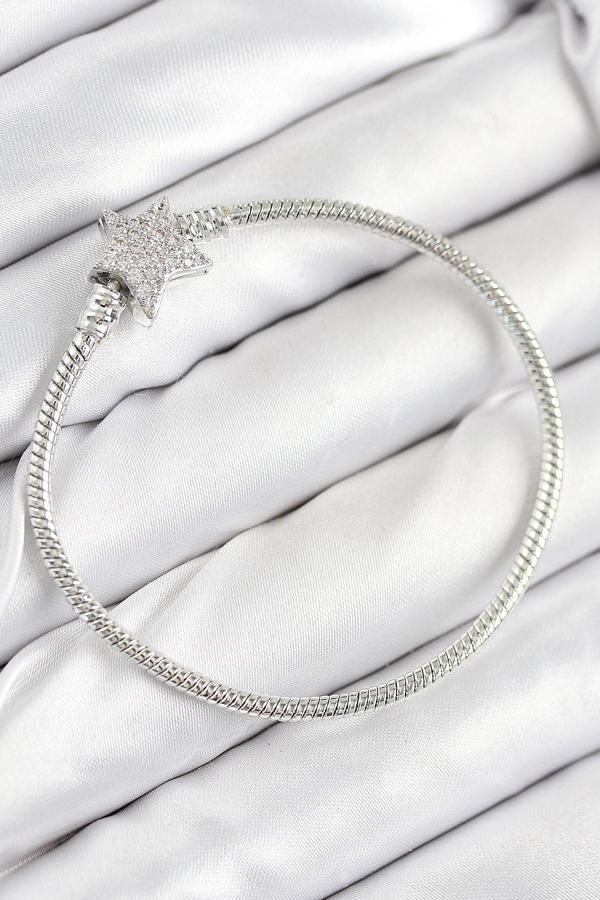 Pirinç Charm Zirkon Taşlı Yıldız Model Gümüş Renk Kadın Bileklik 7804 - Image 1