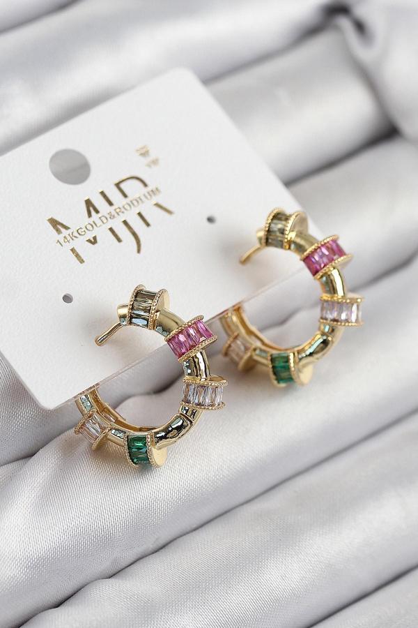 Pirinç Zirkon Taşlı Halka Model Gold Renk Kadın Küpe 11208 - Image 1