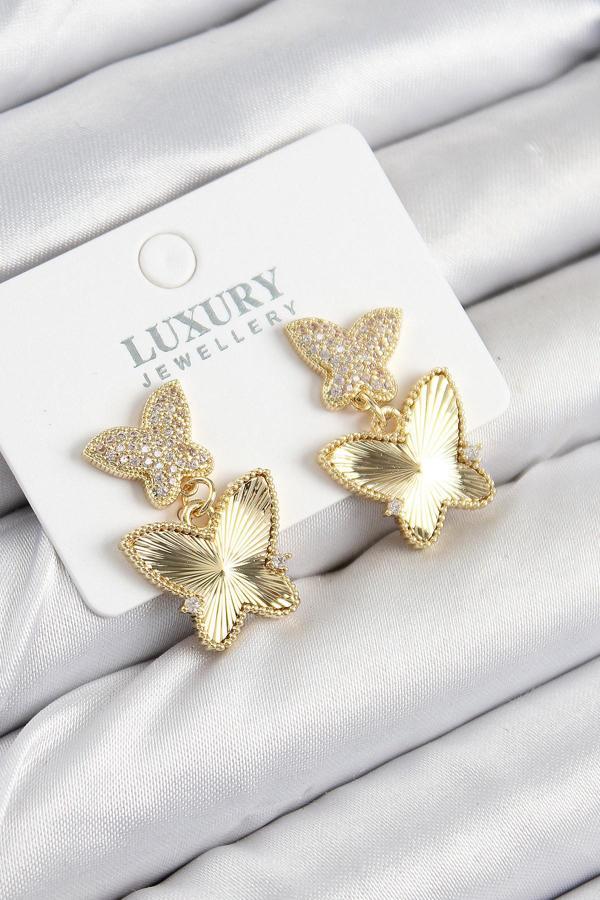 Pirinç Zirkon Taşlı Kelebek Model Gold Renk Kadın Küpe 11209 - Image 1