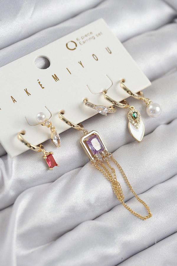 Pirinç Zirkon Taşlı Sallantılı Ve İncili Gold Renk 6 lı Küpe Set 11204 - Image 1