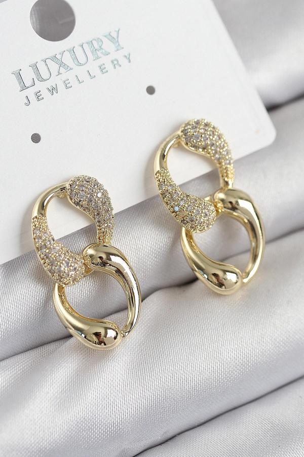Pirinç Zirkon Taşlı Zincir Model Gold Renk Kadın Küpe 11211 - Image 1