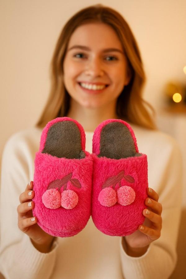 SWEET CHERY Kirazlı Kapalı Kadın Ev Terliği Kışlık Terlik - Image 1