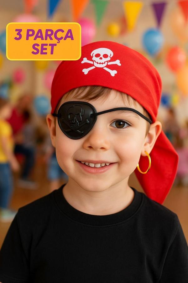 Jack Sparrow Korsan Kostüm Seti 3 Parça – Bandana, Göz Maskesi ve Altın Küpe Aksesuarı - Image 1