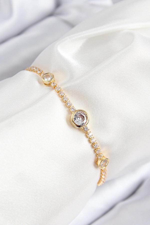 Pirinç Zirkon Taşlı Daire Model Gold Renk Asansörlü Kadın Bileklik - Image 1