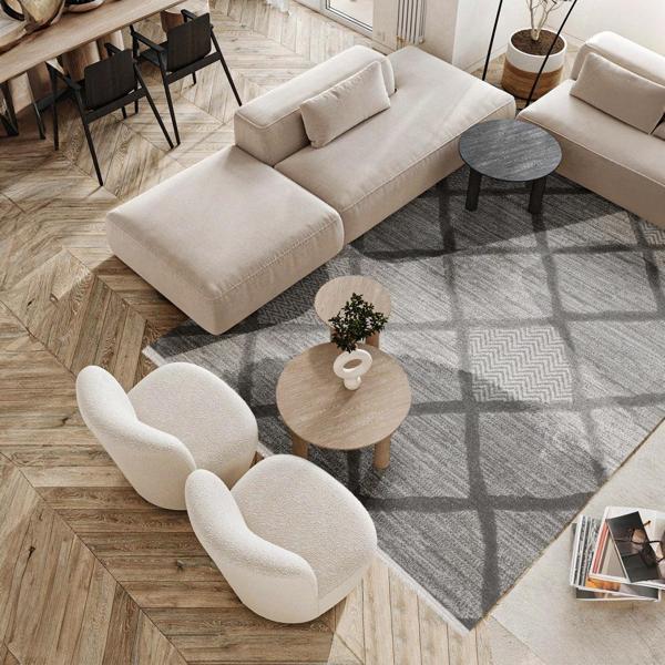  Geometrik Gri Pamuk Dikdörtgen Modern Desenli Pamuk Makinada Yıkanabilir Hav Toz Vermez Leke Tutmayan Kaymaz Taban Dijital Makine Baskı Salon Yolluk Mutfak Halı - Image 1