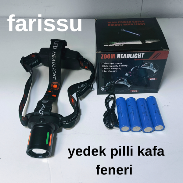 25-30W 6800mAh Zoomlu Kafa Feneri – 1000 Lümen, 1 KM Menzil, 4 Adet 18650 Pil yedek pilli - Image 1