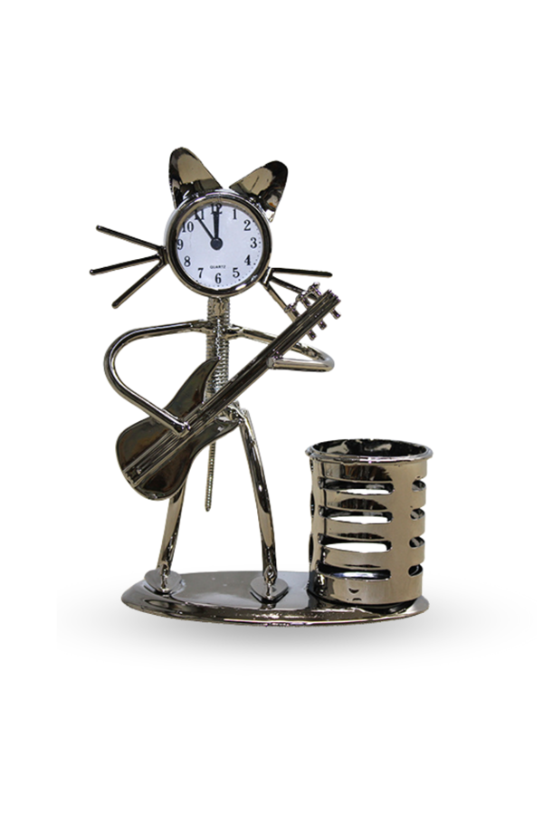 Büro Ev Ofis Hediyesi için 17X12CM Metal Kalemlikli Gitarist Kedi Masa Saati - Image 1
