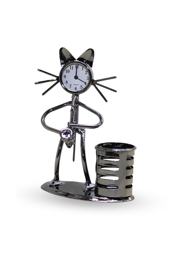 Büro Ev Ofis Hediyesi için 17X12CM Metal Kalemlikli Saksofonlu Kedi Masa Saati - Image 1