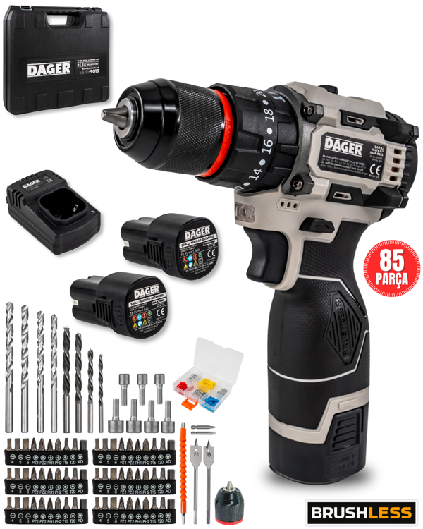 Dager BOLT 16.8V Kömürsüz Darbeli Şarjlı Matkap Vidalama Seti | 60Nm | Çift Akü + 85 Parça Aksesuar + Hızlı Şarj | Gri - Image 1