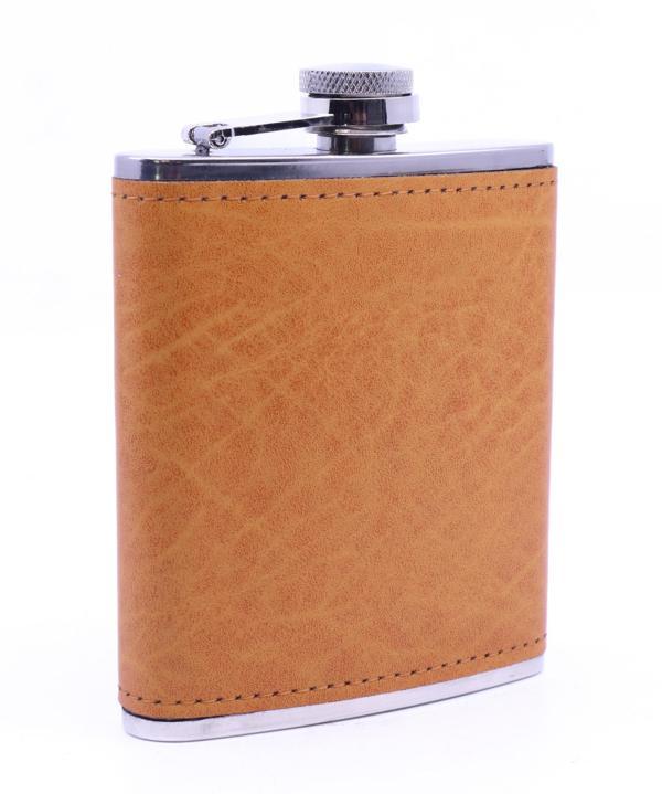 Turuncu Deri Kaplama Paslanmaz Çelik Cep Matarası - Hip Flask 7 OZ - Image 1