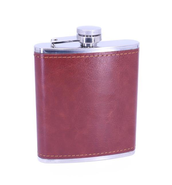 Kahverengi Deri Kaplama Paslanmaz Çelik Cep Matarası - Hip Flask 7 OZ - Image 1