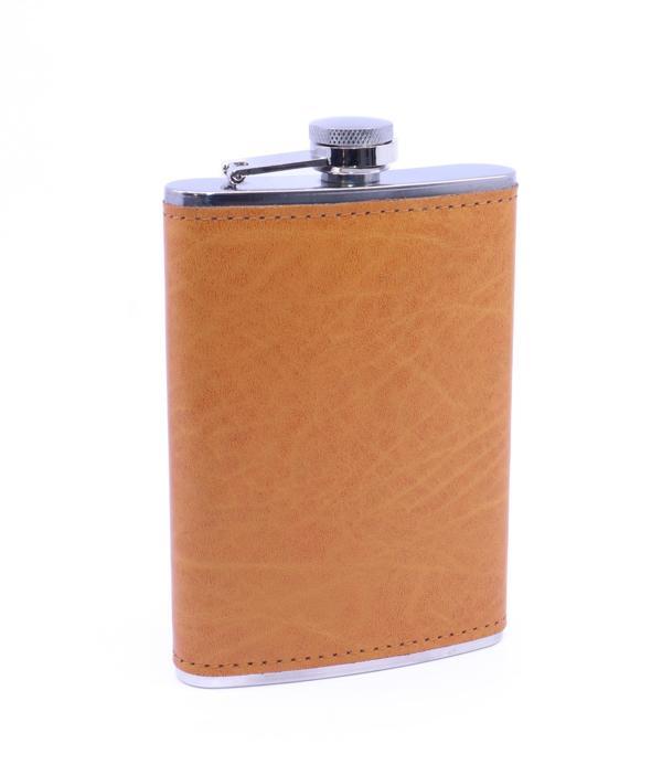 Turuncu Deri Kaplama Paslanmaz Çelik Cep Matarası - Hip Flask 9 OZ - Image 1