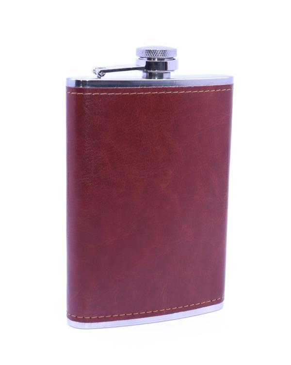 Kahverengi Deri Kaplama Paslanmaz Çelik Cep Matarası - Hip Flask 9 OZ - Image 1