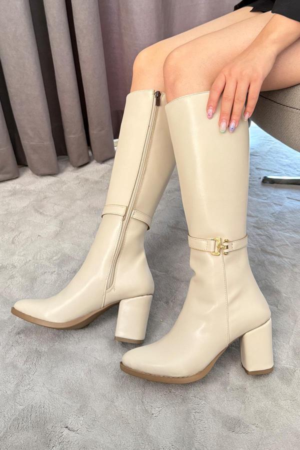 Kadın Serena Krem Tek Tokalı Yandan Fermuarlı Diz Altı Cizme - Image 1