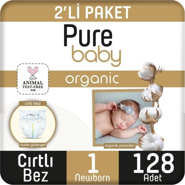 Pure Baby Organik Pamuklu Cırtlı Bez 2'Li Paket 1 Numara Yenidogan 128 Adet - Image 1