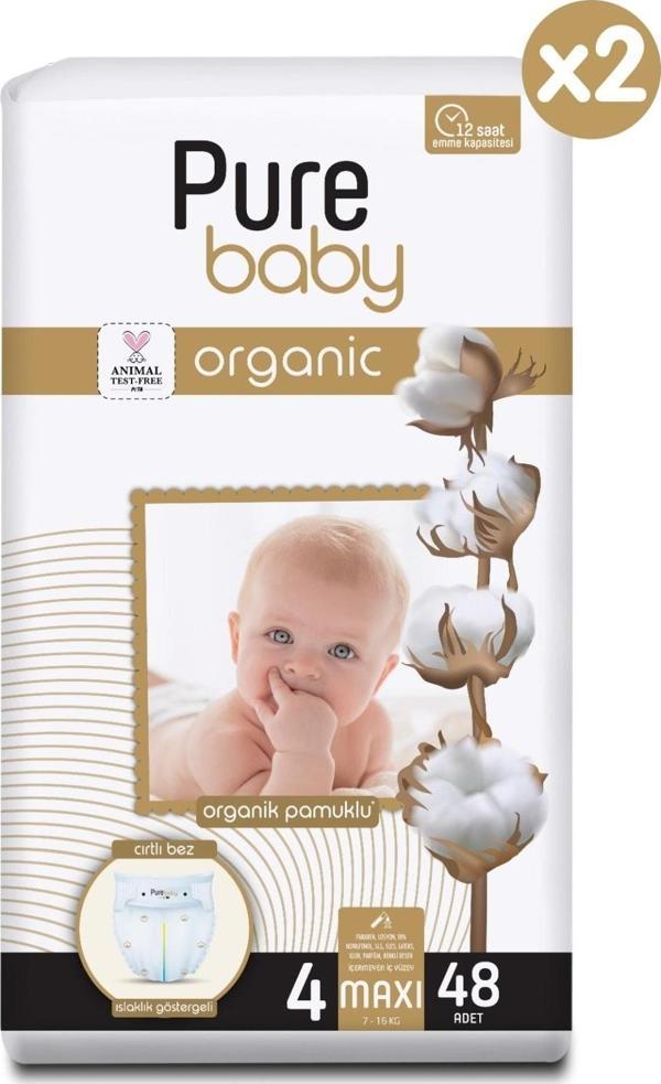 Pure Baby Organik Pamuklu Cırtlı Bez 2'Li Paket 4 Numara Maxi 96 Adet - Image 1