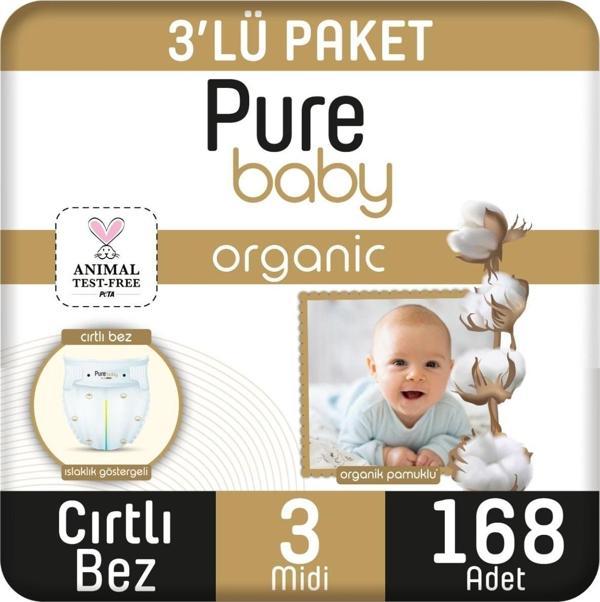 Pure Baby Organik Pamuklu Cırtlı Bez 3'lü Paket 3 Numara Midi 168 Adet - Image 1