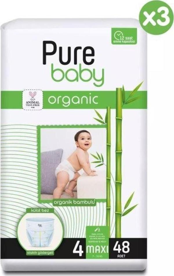 Pure Baby Organik Pamuklu Cırtlı Bez 3'lü Paket 4 Numara Maxi 144 Adet - Image 1