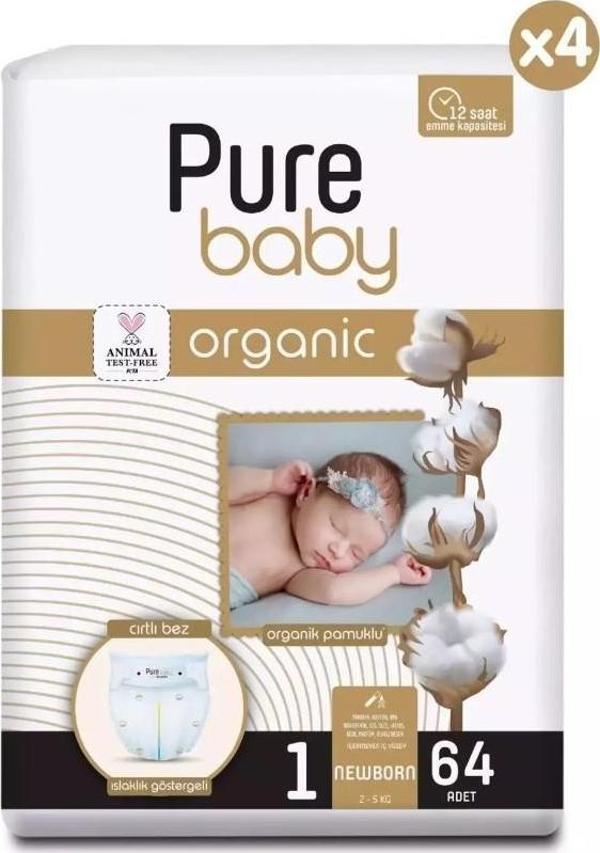 Pure Baby Organik Pamuklu Cırtlı Bez 4'lü Paket 1 Numara Yenidogan 256 Adet - Image 1