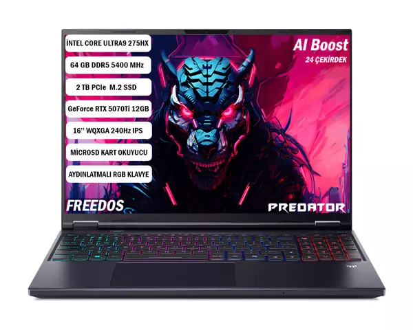 ACER PREDATOR PHN16-73 CORE ULTRA9 275HX 64GB 2TB RTX5070Tİ-12GB 16'' WQXGA IPS FDOS NH.QX4EY.001 - Image 1