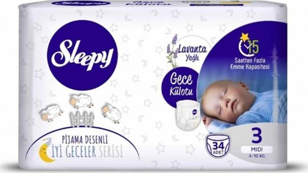 Sleepy Külot Bebek Bezi Gece Lavanta Yağlı 3 Beden Midi 4-10 kg 34'lü - Image 1