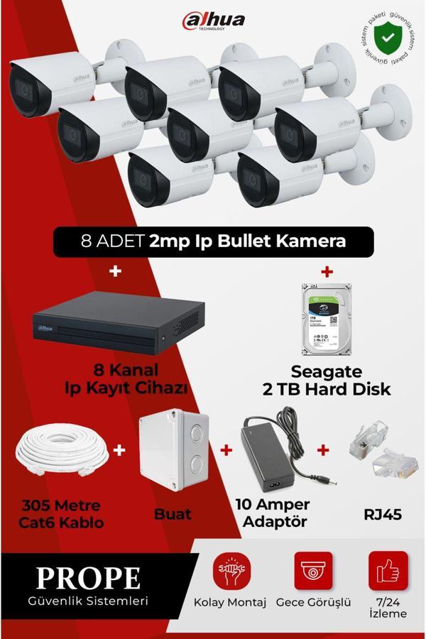 Dahua 8 Adet 2Mp Ip Kamera Bullet Gece Görüşlü+8 Kanal Ip Kayıt Cihazı+2Tb Hard Disk - Image 1