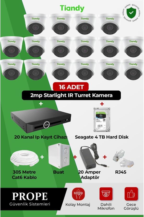 Tiandy 16 Adet 2Mp Starlıght Ir Turret Kamera+20 Kanal Ip Kayıt Cihazı+4Tb Harddısk+Cat6 Kablo+Buat+Rj45 - Image 1