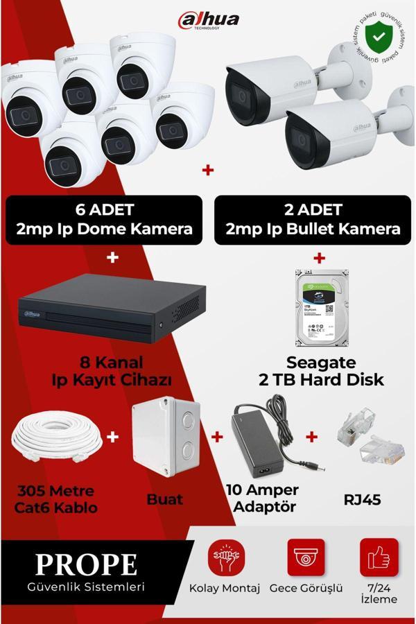 Dahua 2 Adet 2Mp Ip Kamera Bullet+6 Adet 2Mp Ip Kamera Dome Gece Görüşlü+8 Kanal Ip Kayıt+2Tb Harddısk - Image 1