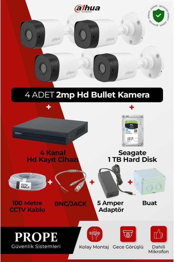 Dahua 4Adet 2Mp Hd Gece Görüşlü Bullet Kamera+4 Kanal Hd Kayıt Cihazı+1Tb Hard Disk+100 M Cctv Kablo - Image 1