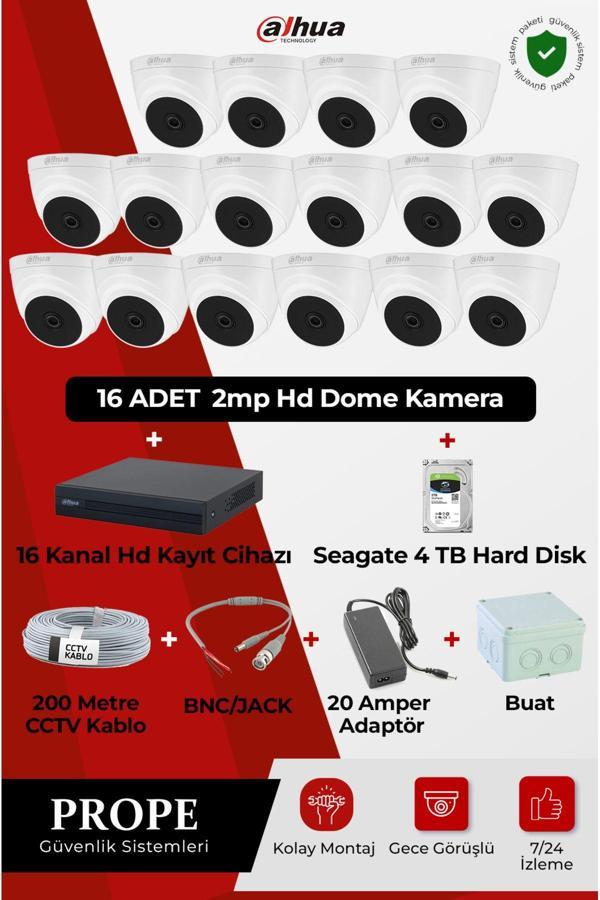 Dahua 16 Adet 2Mp Hd Kamera Dome Gece Görüşlü+16 Kanal Hd Kayıt Cihazı+4Tb Hard Disk+200M Cctv Kablo - Image 1