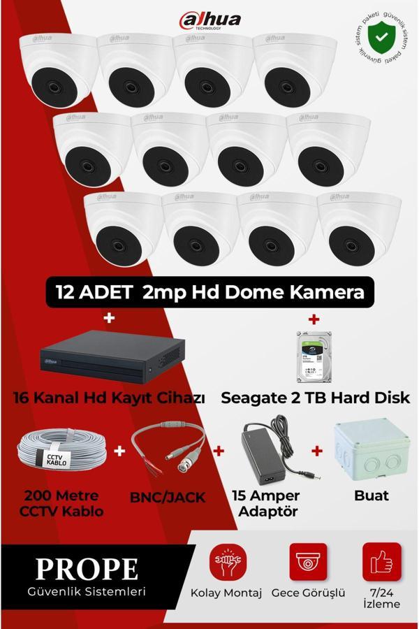Dahua 12 Adet 2Mp Hd Kamera Dome Gece Görüşlü+16 Kanal Hd Kayıt Cihazı+2Tb Hard Disk+200 Metre Cctv Kablo - Image 1